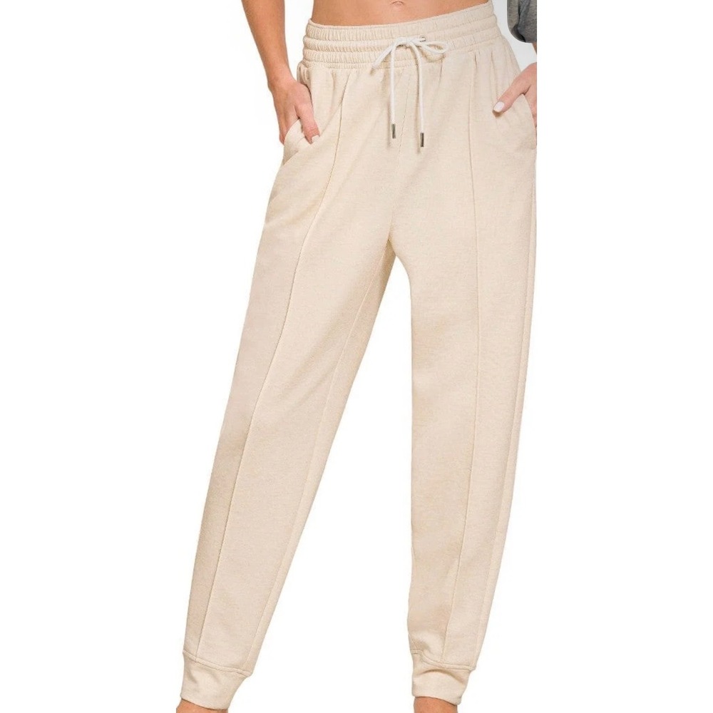 Zenana Soft Scuba Center Seam Line Drawstring Jogger Sweatpants 3x in Beige.